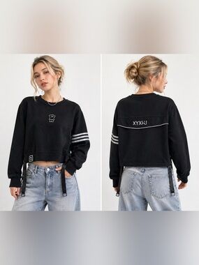 Cropped Black Streetwear Sweatshirt XS Bear 3D Patch Y2K Sporty Chic Youth 130